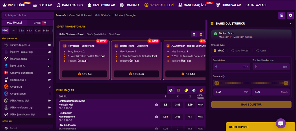 Parabet spor bahisleri bölümündeki karşılaşma ve oran listesi